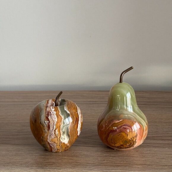 Vintage Green & Brown Onyx Apple And Pear Stone Paperweights Set - Picture 1 of 4